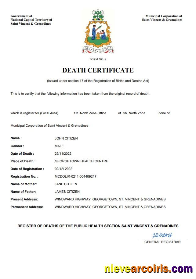 Saint Vincent and the Grenadines vital record death certificate